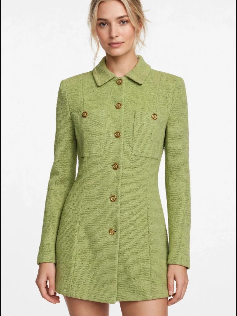 Tailored Light Green Knit Blazer with Gold Buttons